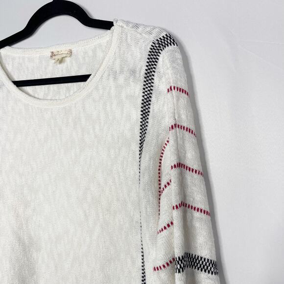 Hem & Thread Medium M White Striped Sleeve Scoop Neck Sweater Red Black Cotton - Picture 3 of 10